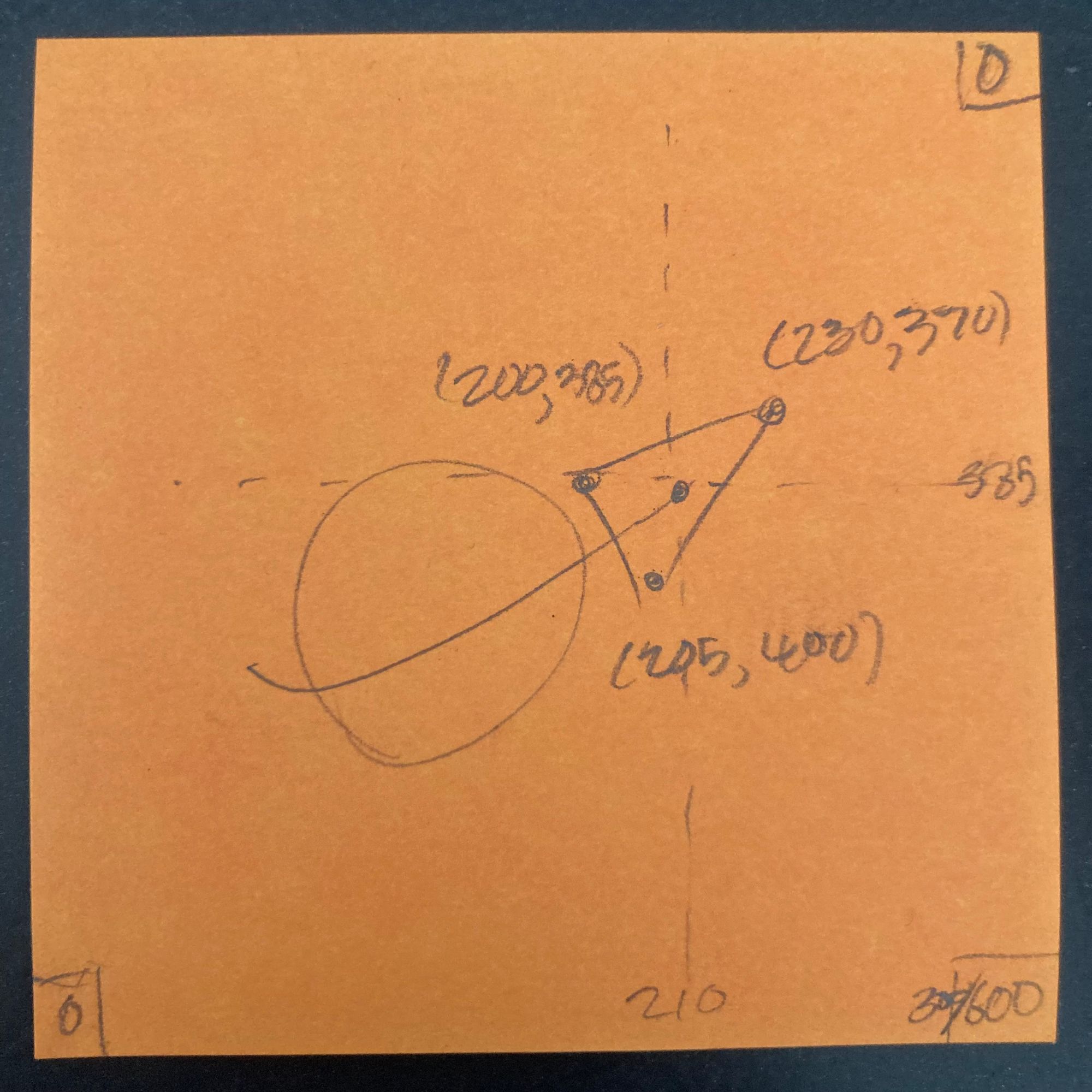 A sticky note I used to roughly visualize a set of coordinates for the triangle in the logo.