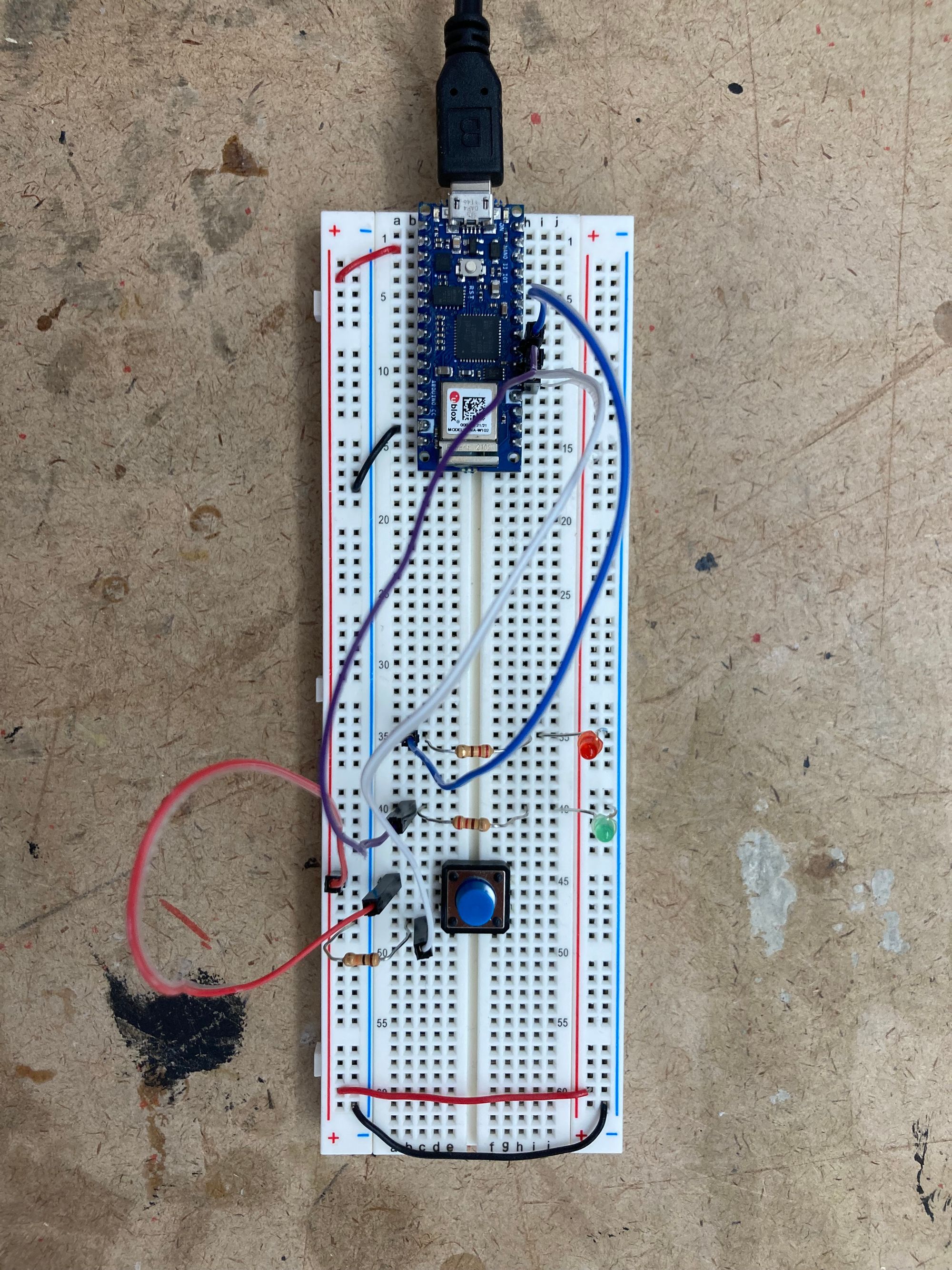 A breadboard set up for the digital inputs lab.