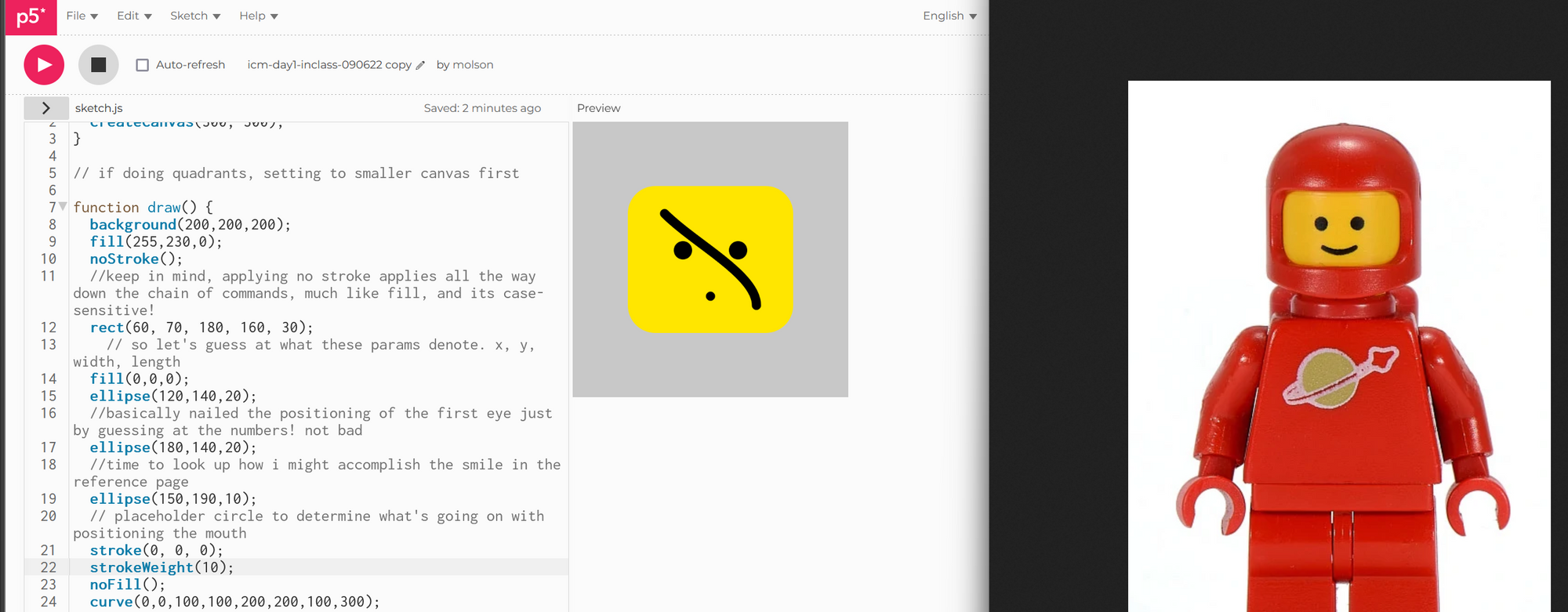 A screenshot of the p5.js web editor next to a reference image of a Lego astronaut figure.