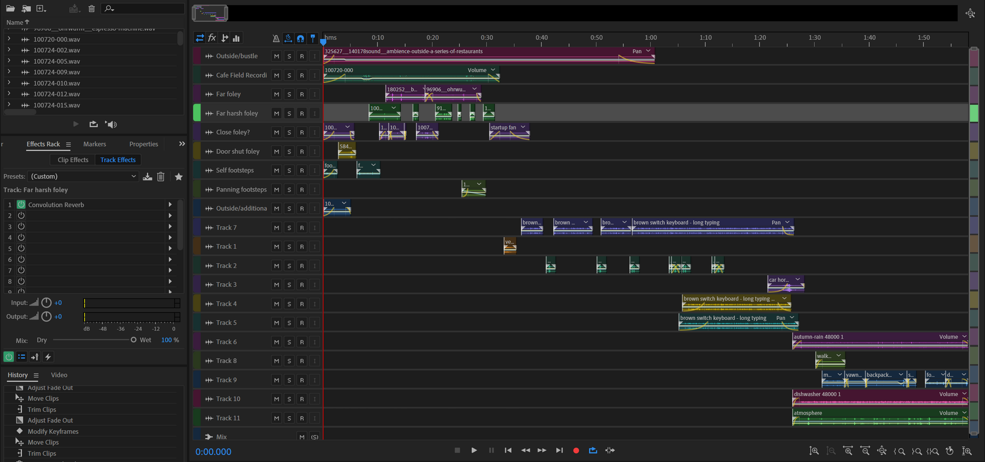 A screenshot of the editing timeline in Audition for our 1 minute 58 second final piece, spanning twenty tracks.