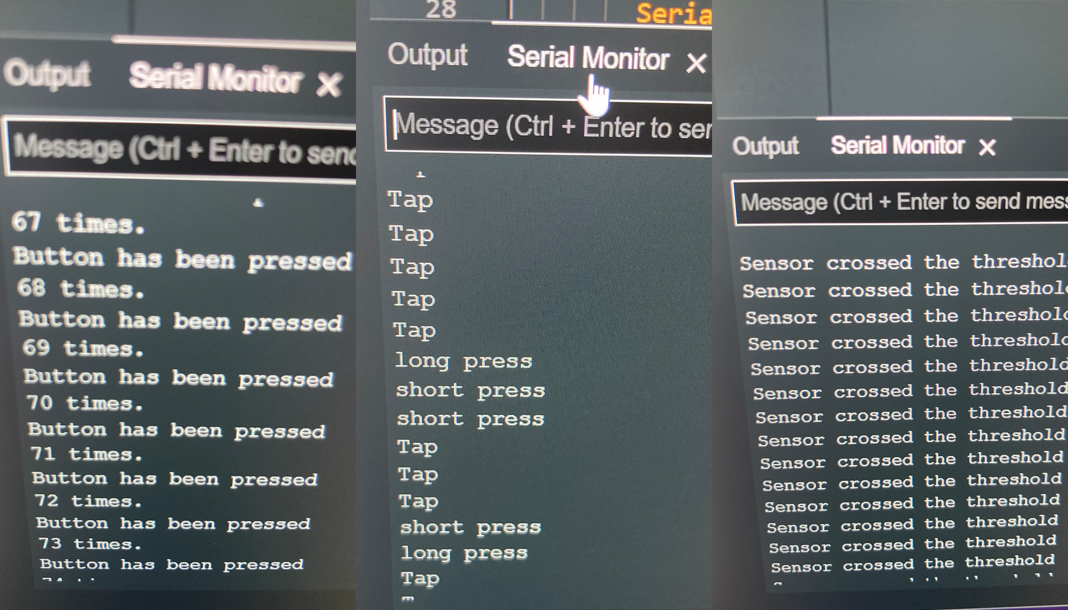 Three photos of the Serial Monitor in the Arduino IDE, showing successful results for three parts of the sensor change detection lab.