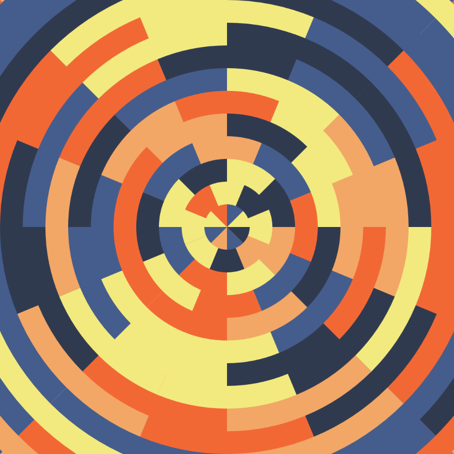 An output from Solar Twig consisting of chopped up concentric circles in shades of orange, yellow, and blue.