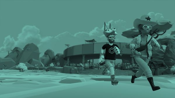A header image: two avatars running through a plaza on Decentraland.